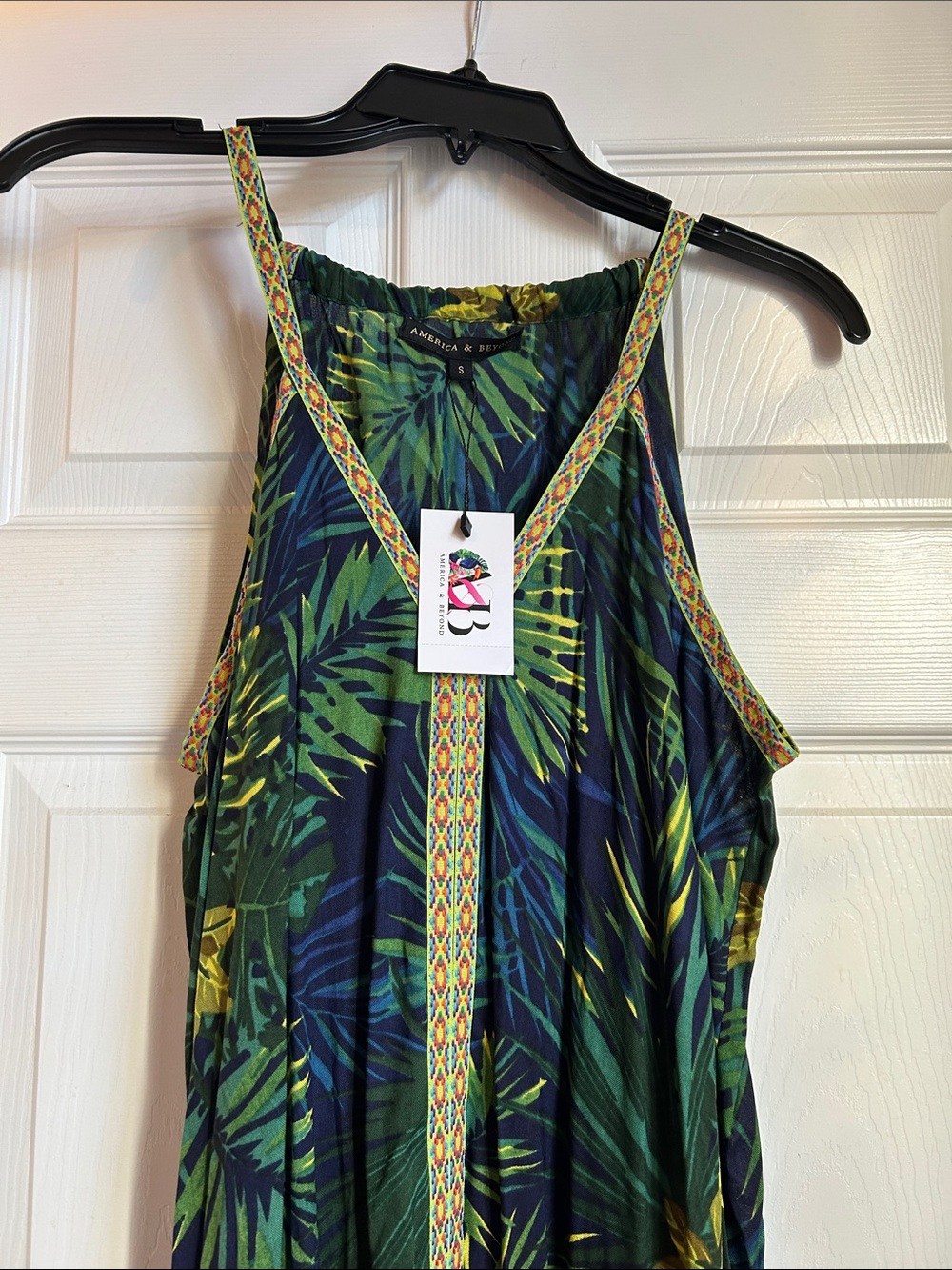 America & Beyond Green Tropical Print Halter Dress-S